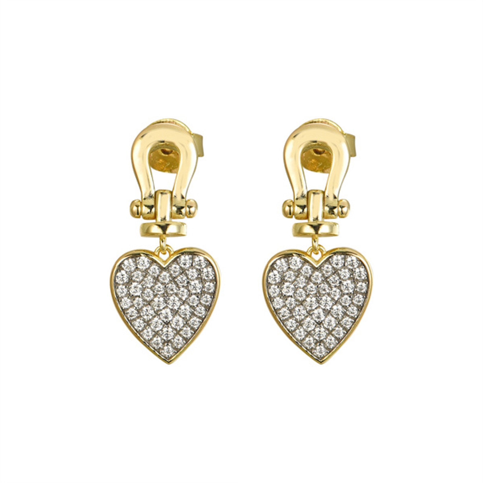 Gold-plated Silver  CZ Horseshoe Love Heart Drop Earrings - AES282-GP