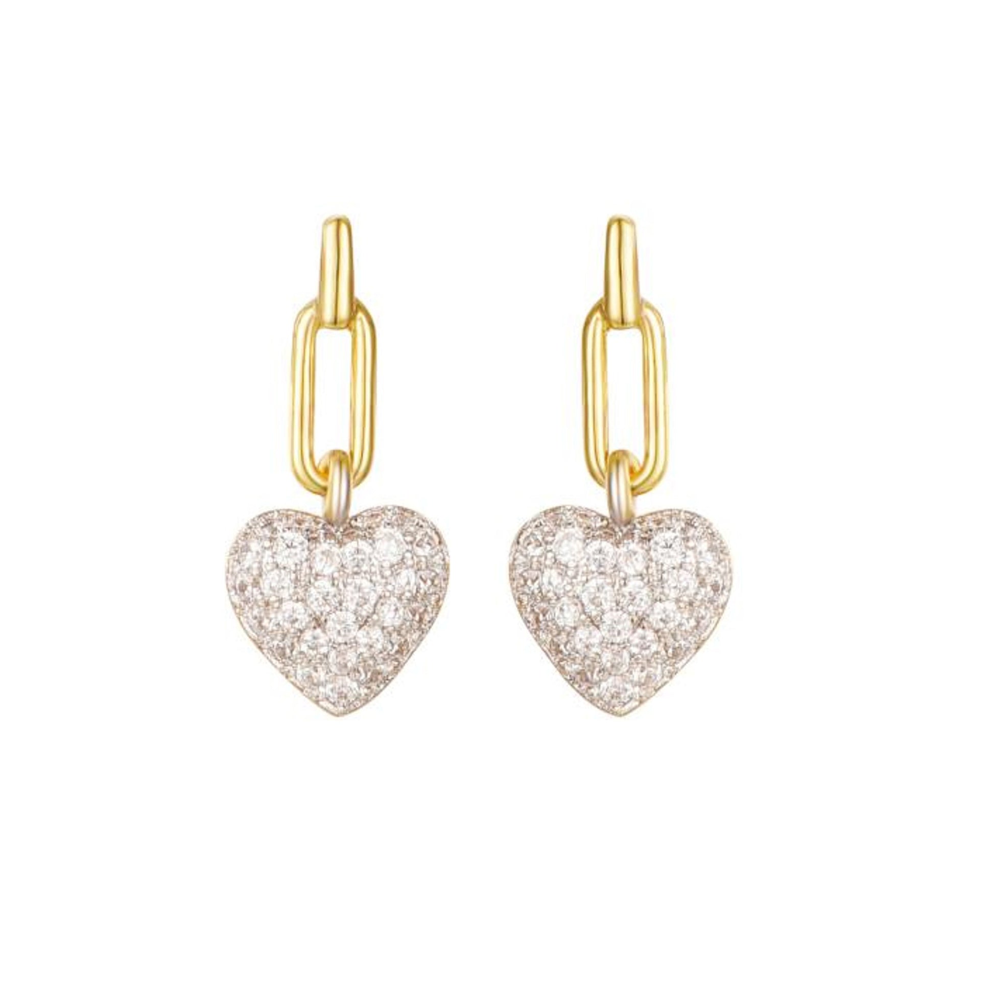 Gold-plated Silver  CZ Oval Paperclip Love Heart Drop Earrings - AES283-GP