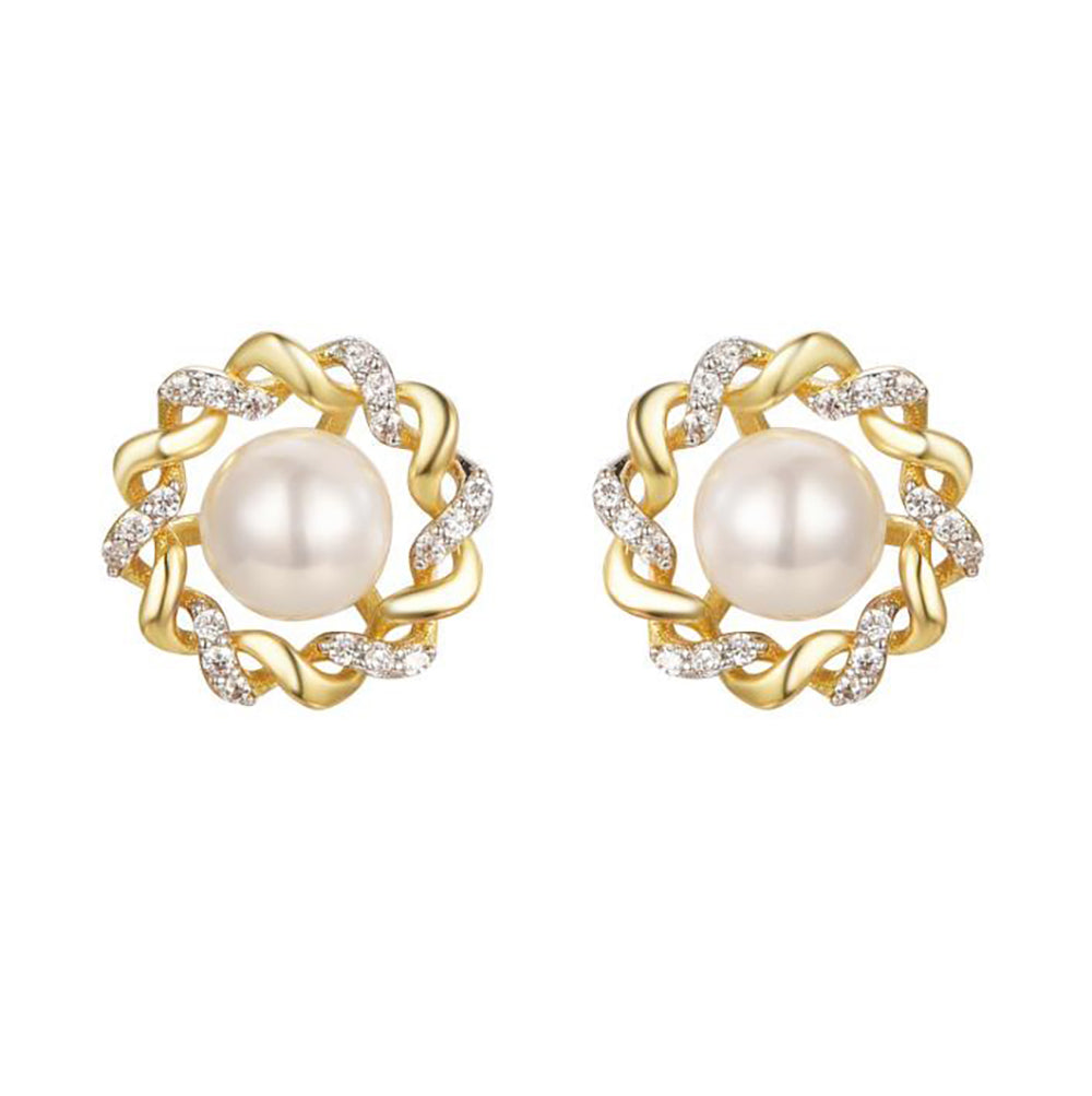 Gold-plated Silver  Pearl CZ Twisted Supernova Stud Earrings - AES286-GP