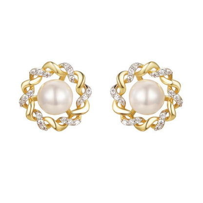 Gold-plated Silver  Pearl CZ Twisted Supernova Stud Earrings - AES286-GP
