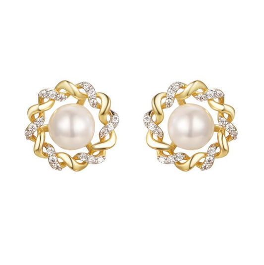 Gold-plated Silver  Pearl CZ Twisted Supernova Stud Earrings - AES286-GP