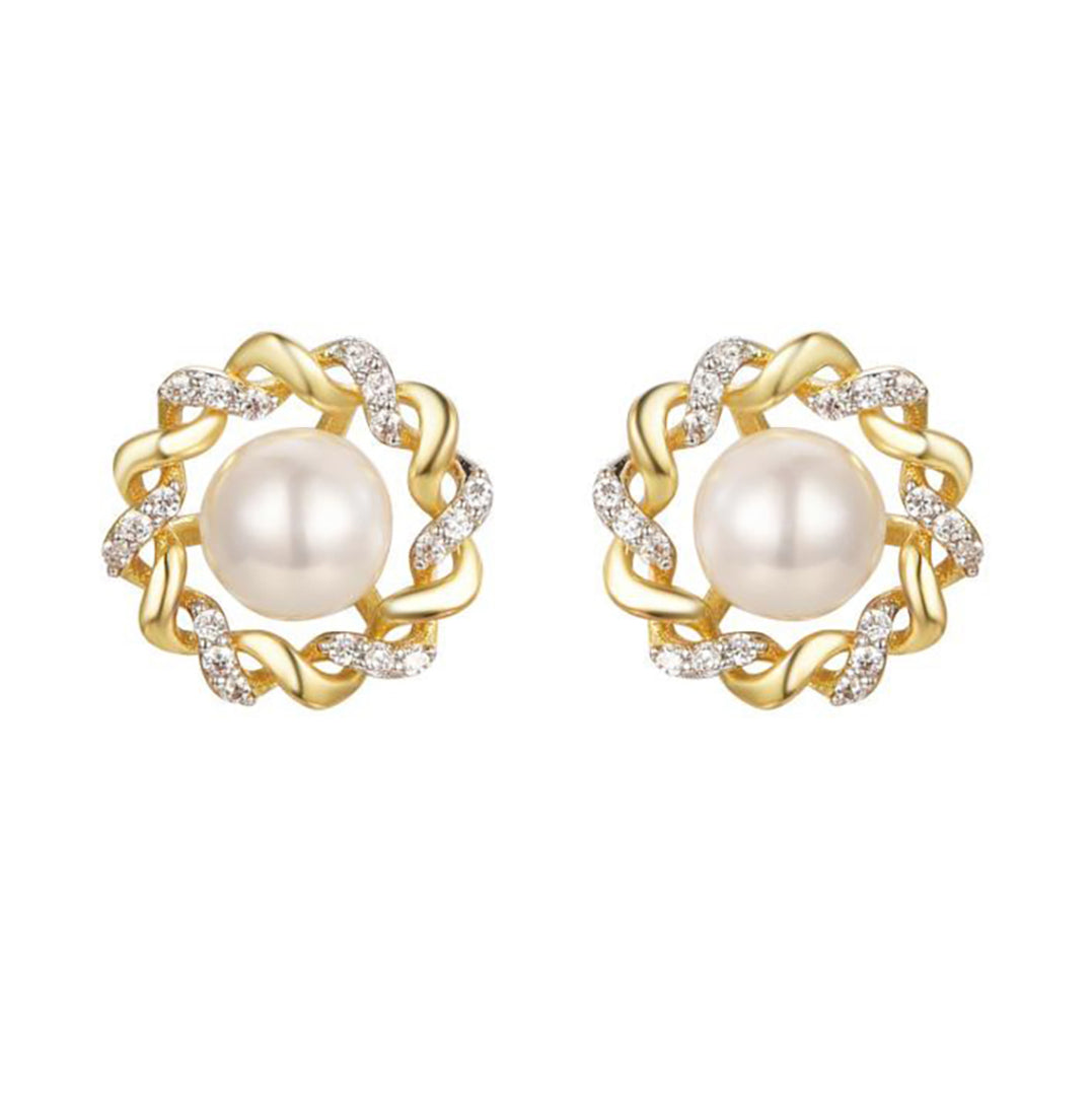 Gold-plated Silver  Pearl CZ Twisted Supernova Stud Earrings - AES286-GP