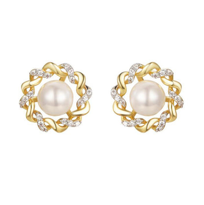 Gold-plated Silver  Pearl CZ Twisted Supernova Stud Earrings - AES286-GP