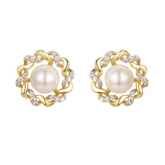 Gold-plated Silver  Pearl CZ Twisted Supernova Stud Earrings - AES286-GP