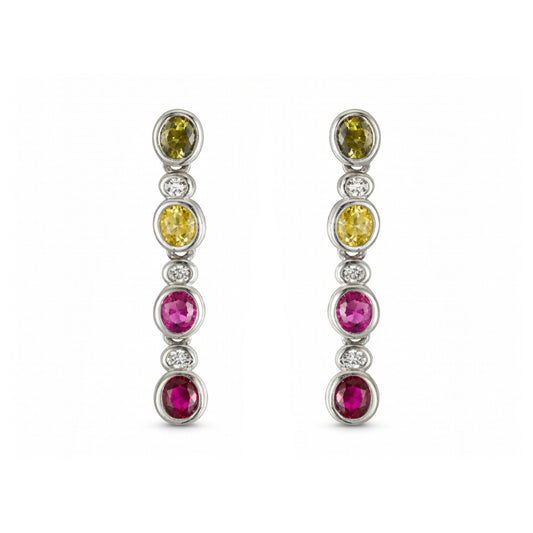 Silver  Oval CZ Bezel Rainbow Raindrop Drop Earrings - AES287