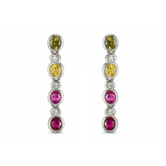 Silver  Oval CZ Bezel Rainbow Raindrop Drop Earrings - AES287