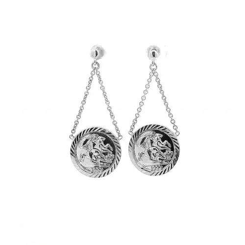 Rhodium Plated Silver St George Dragon Slayer Medallion Pendant Drop Earrings 15mm - AES292