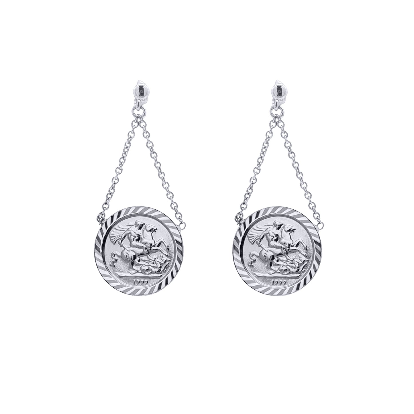 Rhodium Plated Silver St George Dragon Slayer Medallion Pendant Drop Earrings 15mm - AES292