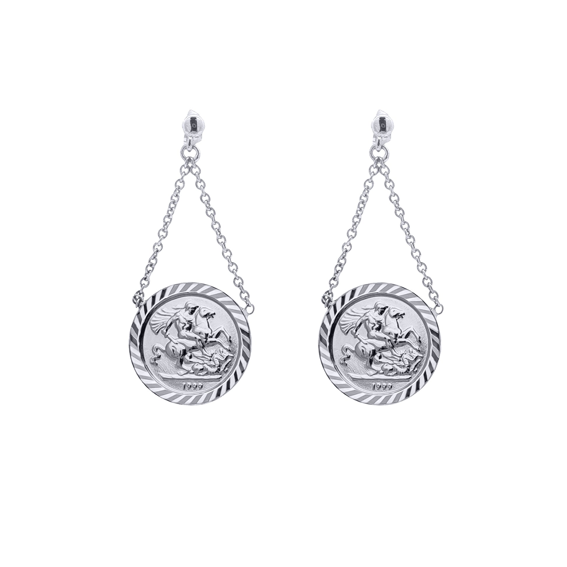 Rhodium Plated Silver St George Dragon Slayer Medallion Pendant Drop Earrings 15mm - AES292