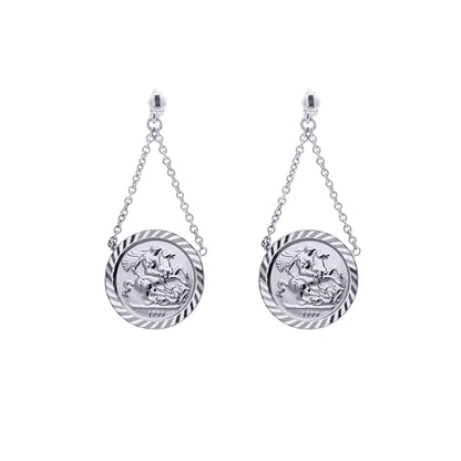 Rhodium Plated Silver St George Dragon Slayer Medallion Pendant Drop Earrings 15mm - AES292