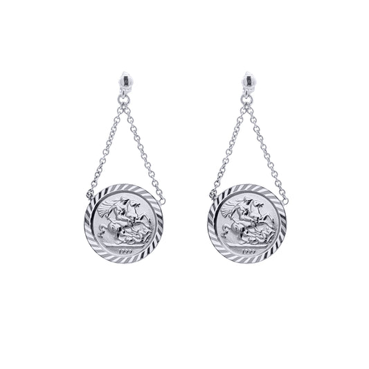 Rhodium Plated Silver St George Dragon Slayer Medallion Pendant Drop Earrings 15mm - AES292
