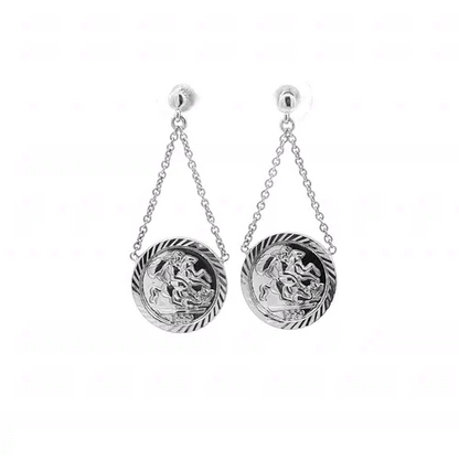 Rhodium Plated Silver St George Dragon Slayer Medallion Pendant Drop Earrings 15mm - AES292