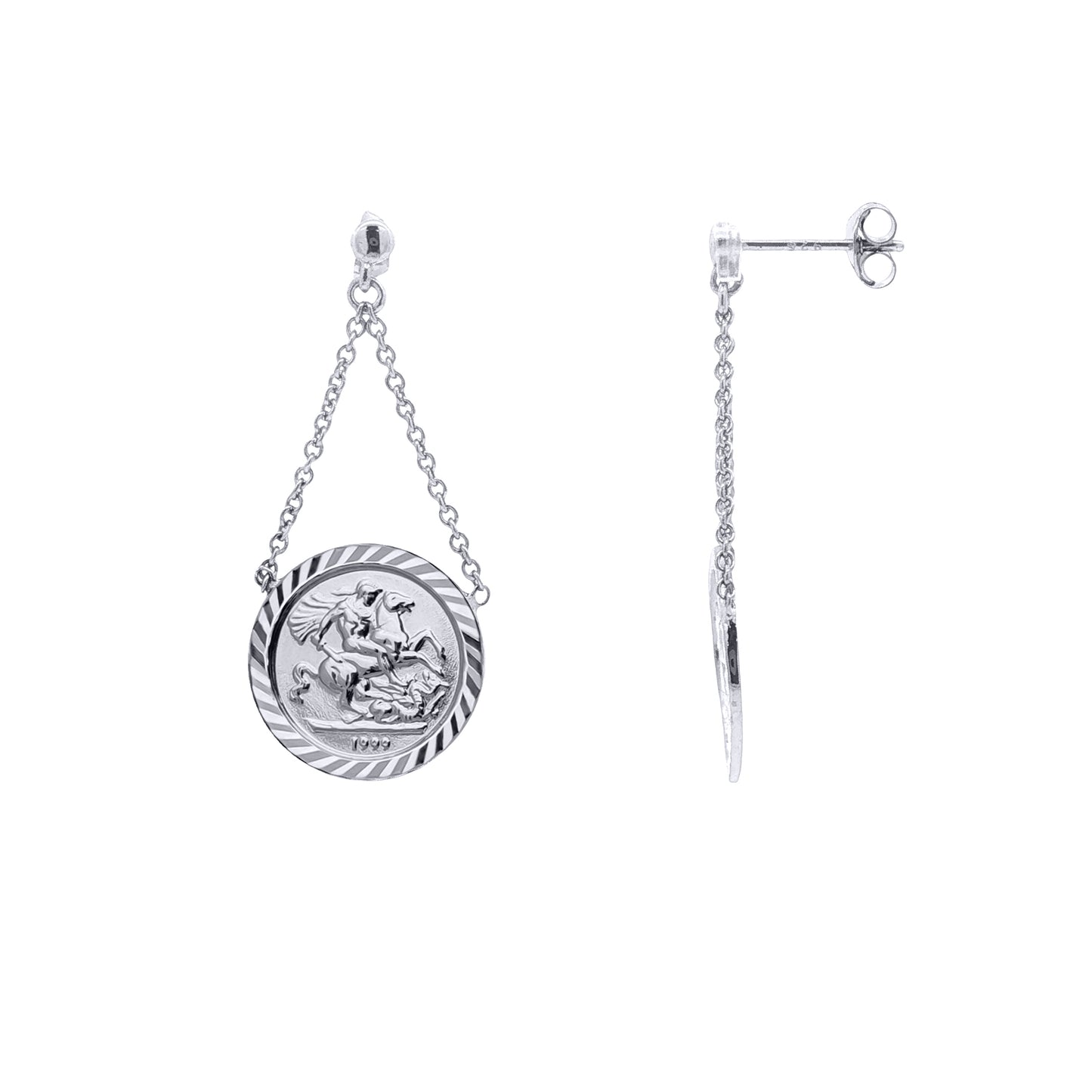 Rhodium Plated Silver St George Dragon Slayer Medallion Pendant Drop Earrings 15mm - AES292