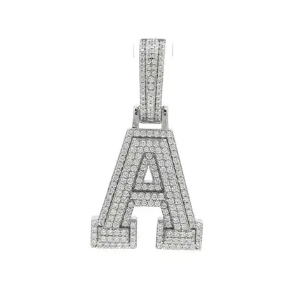 Silver  CZ Pave Iced Out Block Initial Charm Pendant - Letter A - AIN004-A