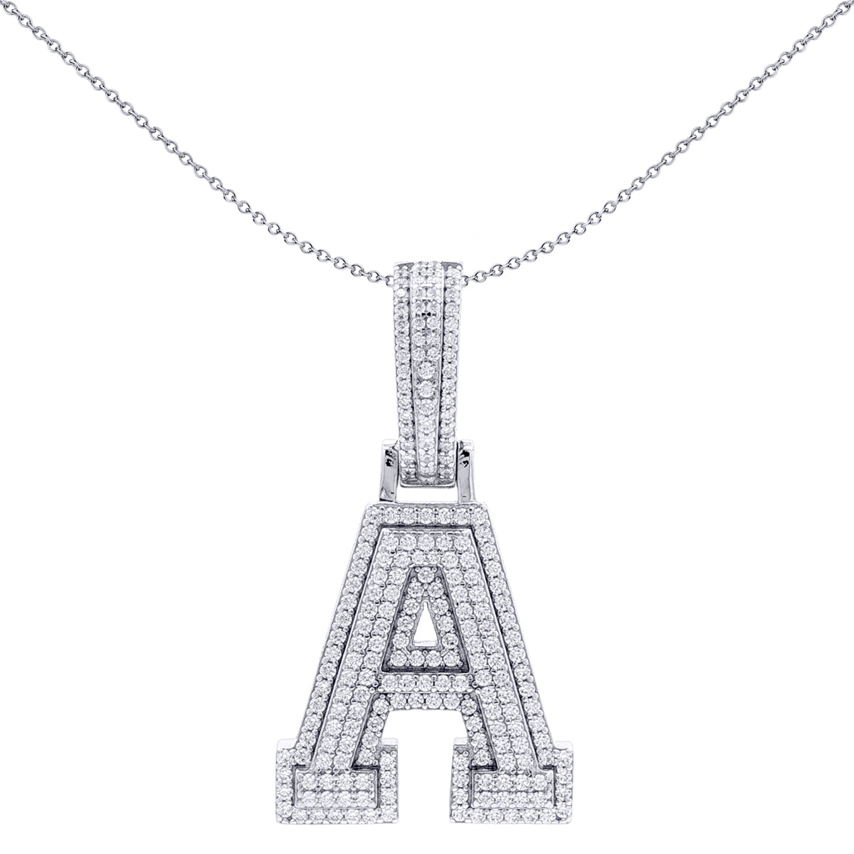 Silver  CZ Pave Iced Out Block Initial Charm Pendant - Letter A - AIN004-A