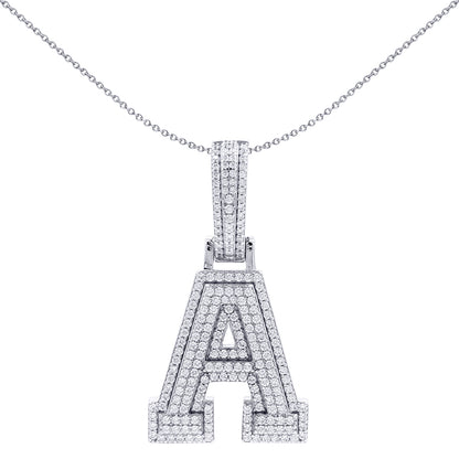 Silver  CZ Pave Iced Out Block Initial Charm Pendant - Letter A - AIN004-A