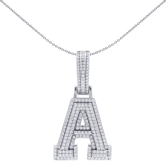 Silver  CZ Pave Iced Out Block Initial Charm Pendant - Letter A - AIN004-A