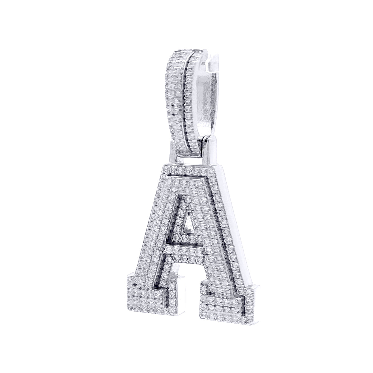 Silver  CZ Pave Iced Out Block Initial Charm Pendant - Letter A - AIN004-A