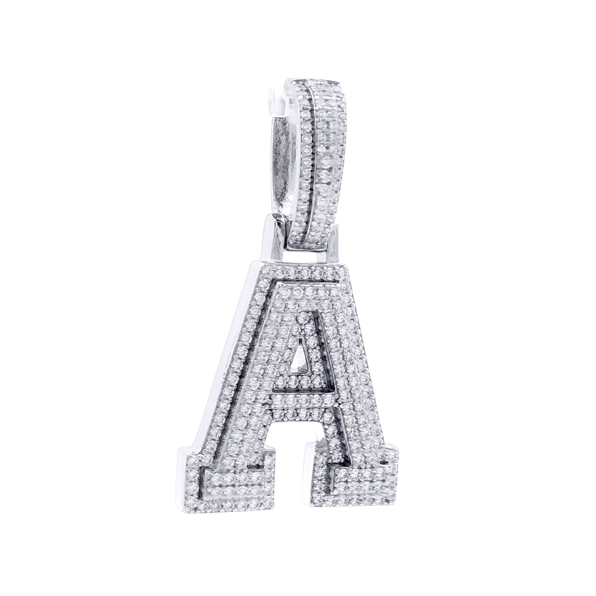 Silver  CZ Pave Iced Out Block Initial Charm Pendant - Letter A - AIN004-A