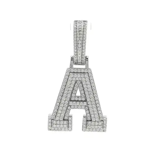 Silver  CZ Pave Iced Out Block Initial Charm Pendant - Letter A - AIN004-A