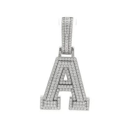 Silver  CZ Pave Iced Out Block Initial Charm Pendant - Letter A - AIN004-A