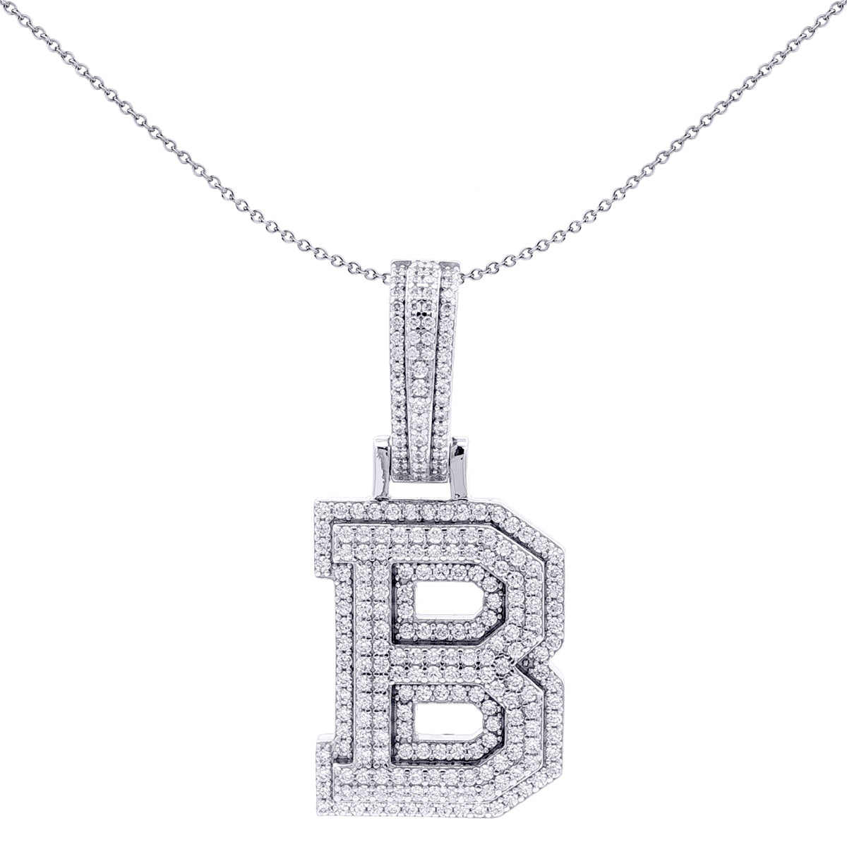 Silver  CZ Pave Iced Out Block Initial Charm Pendant - Letter B - AIN004-B