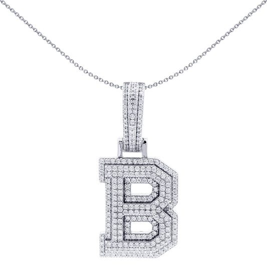 Silver  CZ Pave Iced Out Block Initial Charm Pendant - Letter B - AIN004-B