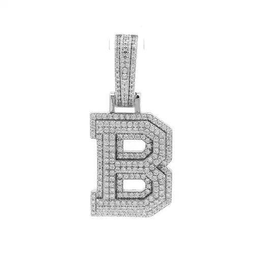 Silver  CZ Pave Iced Out Block Initial Charm Pendant - Letter B - AIN004-B