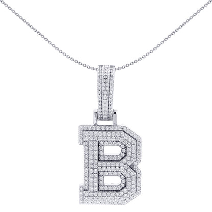 Silver  CZ Pave Iced Out Block Initial Charm Pendant - Letter B - AIN004-B