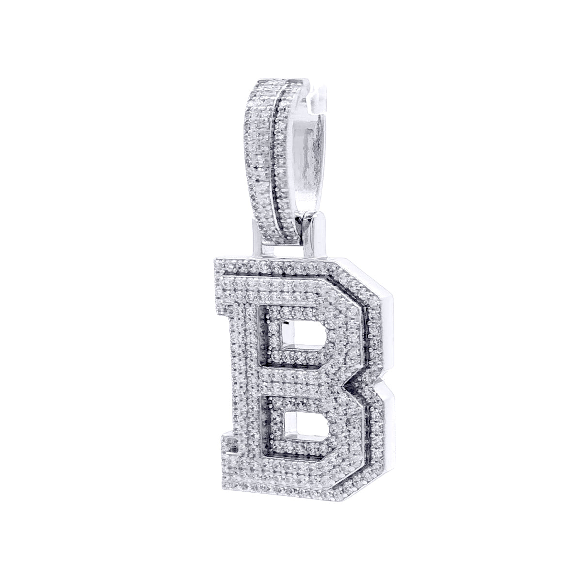 Silver  CZ Pave Iced Out Block Initial Charm Pendant - Letter B - AIN004-B