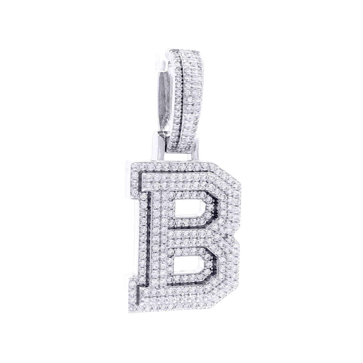 Silver  CZ Pave Iced Out Block Initial Charm Pendant - Letter B - AIN004-B