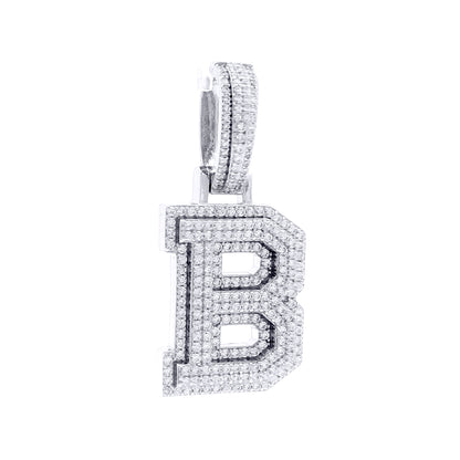 Silver  CZ Pave Iced Out Block Initial Charm Pendant - Letter B - AIN004-B