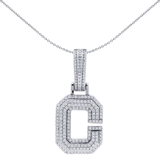 Silver  CZ Pave Iced Out Block Initial Charm Pendant - Letter C - AIN004-C