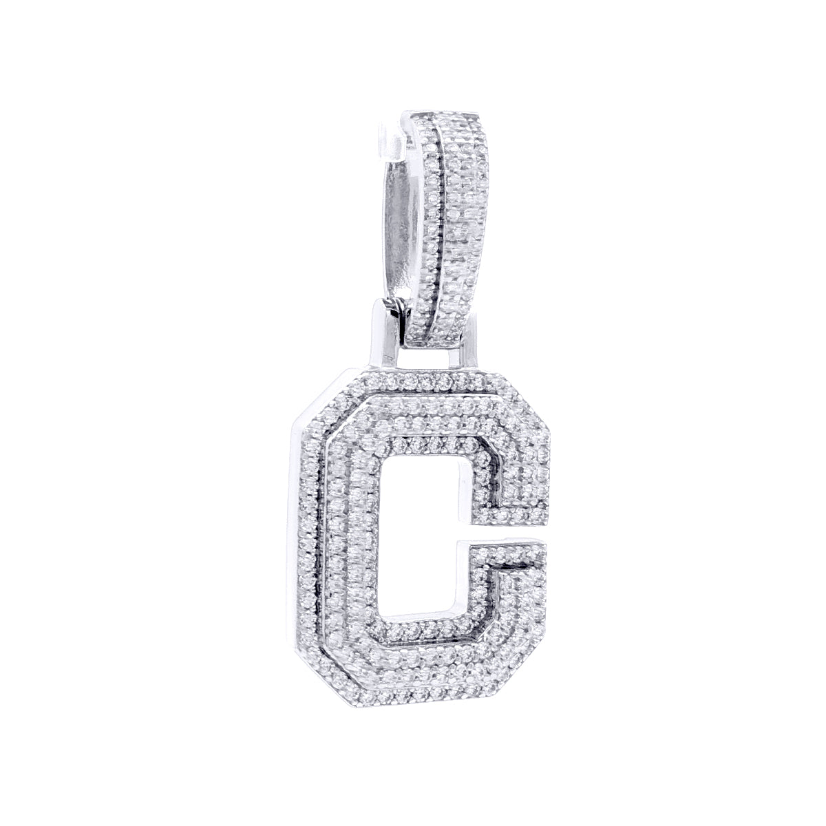 Silver  CZ Pave Iced Out Block Initial Charm Pendant - Letter C - AIN004-C