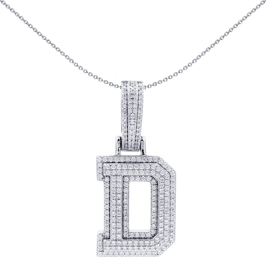 Silver CZ Pave Iced Out Block Initial Charm Pendant - Letter D - AIN004-D