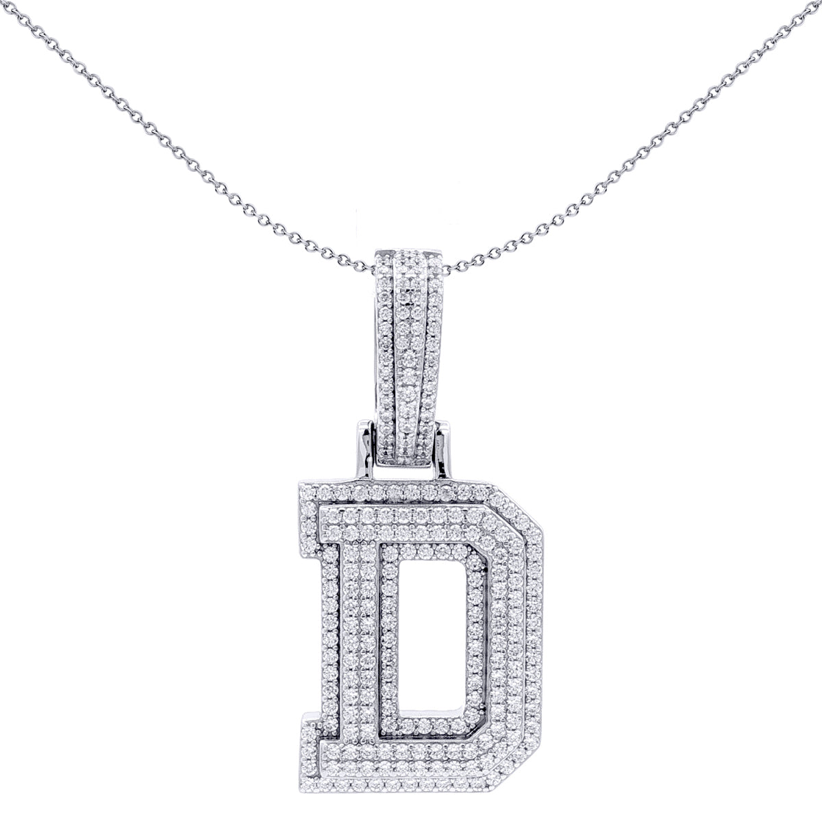 Silver  CZ Pave Iced Out Block Initial Charm Pendant - Letter D - AIN004-D