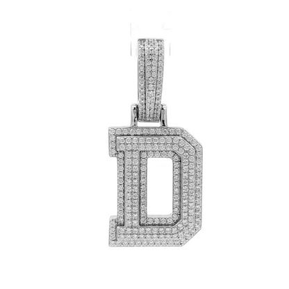 Silver  CZ Pave Iced Out Block Initial Charm Pendant - Letter D - AIN004-D