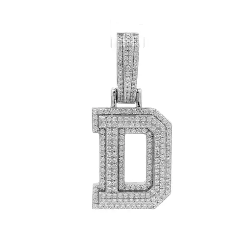 Silver  CZ Pave Iced Out Block Initial Charm Pendant - Letter D - AIN004-D