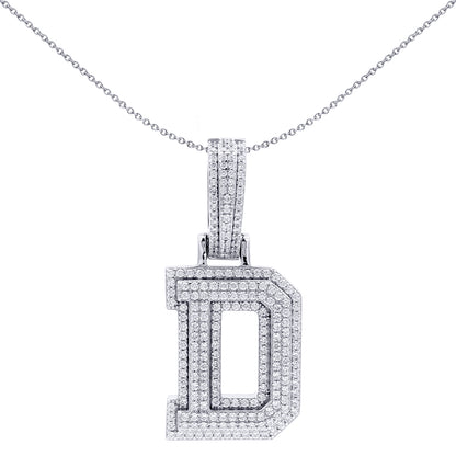 Silver  CZ Pave Iced Out Block Initial Charm Pendant - Letter D - AIN004-D