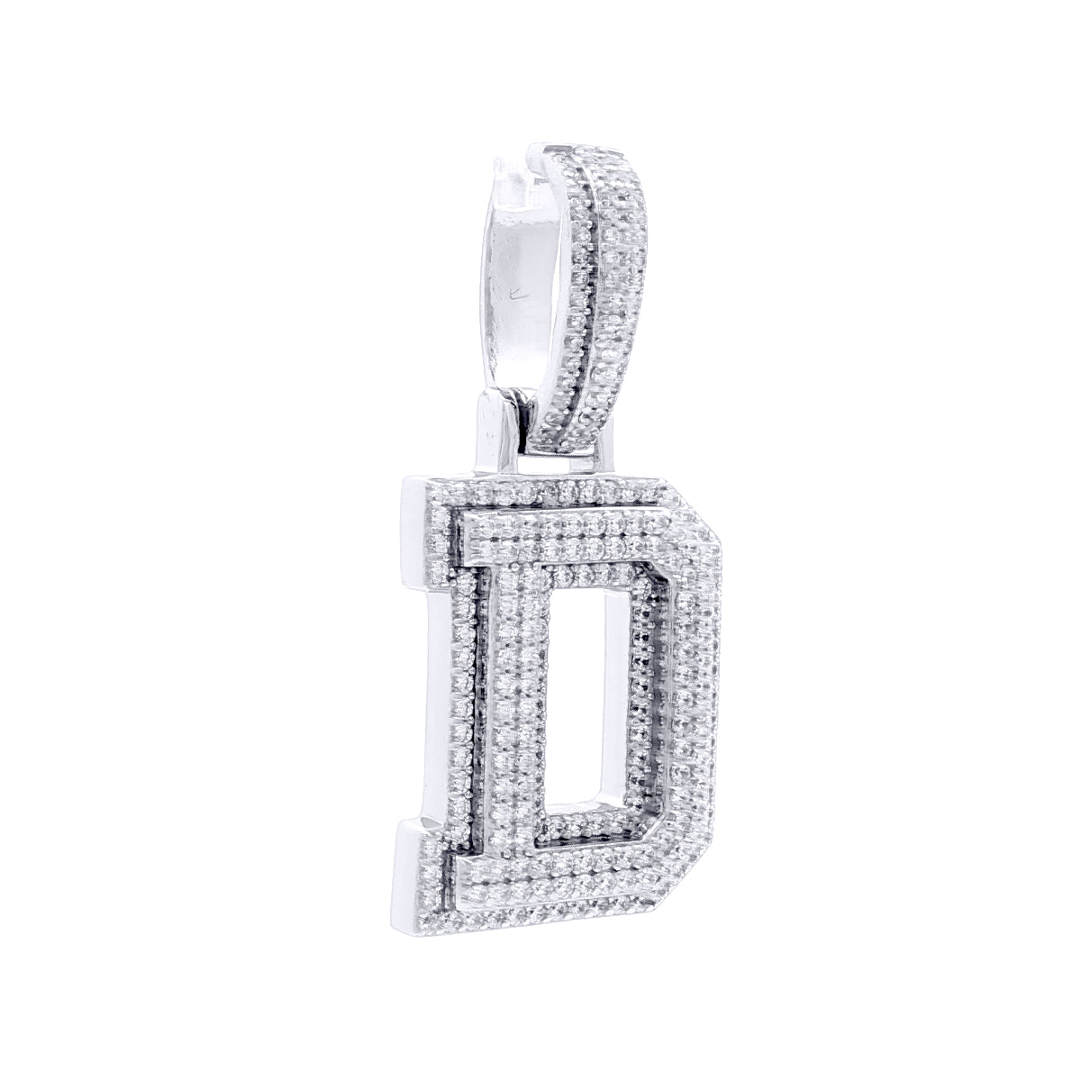 Silver  CZ Pave Iced Out Block Initial Charm Pendant - Letter D - AIN004-D