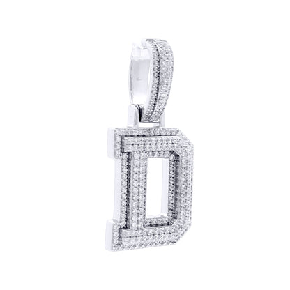 Silver  CZ Pave Iced Out Block Initial Charm Pendant - Letter D - AIN004-D
