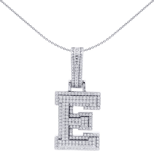 Silver  CZ Pave Iced Out Block Initial Charm Pendant - Letter E - AIN004-E