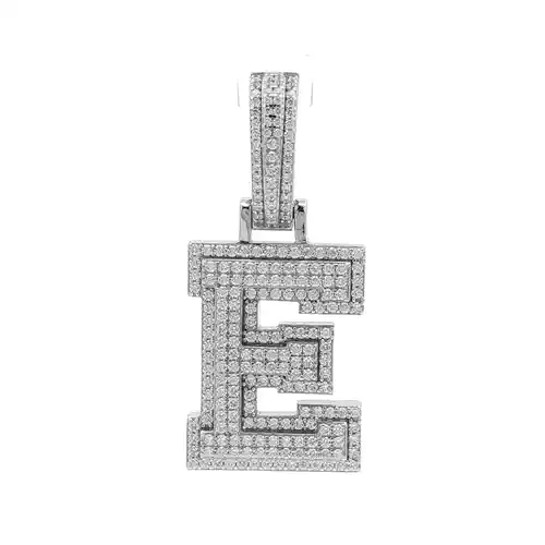 Silver  CZ Pave Iced Out Block Initial Charm Pendant - Letter E - AIN004-E
