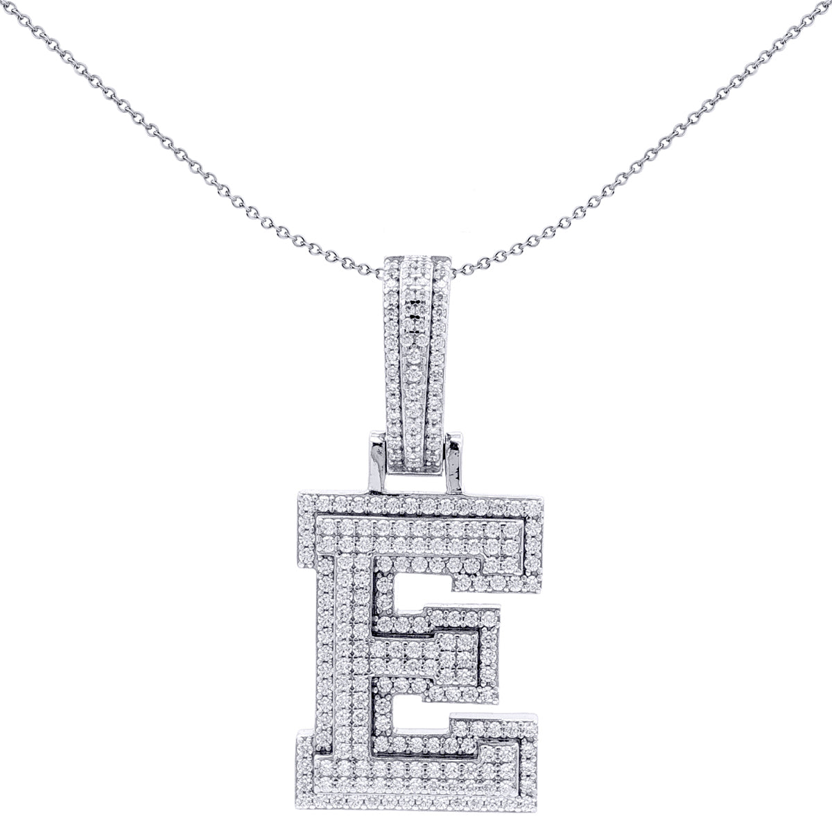 Silver  CZ Pave Iced Out Block Initial Charm Pendant - Letter E - AIN004-E