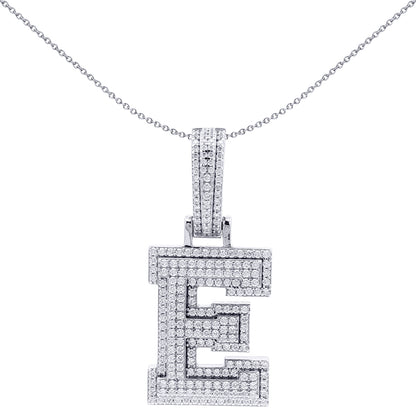 Silver  CZ Pave Iced Out Block Initial Charm Pendant - Letter E - AIN004-E