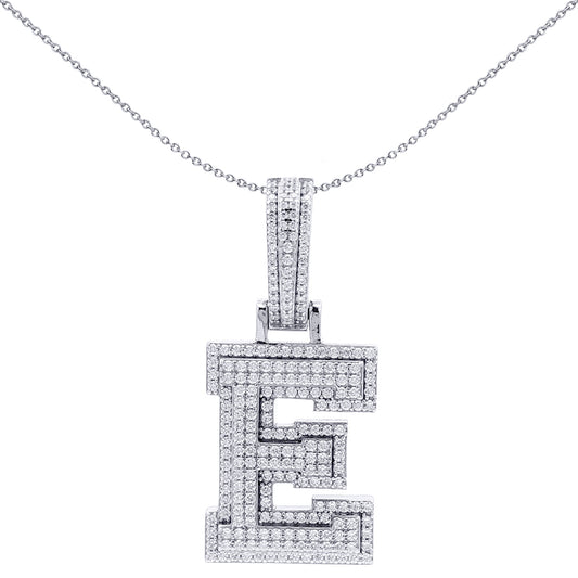 Silver  CZ Pave Iced Out Block Initial Charm Pendant - Letter E - AIN004-E