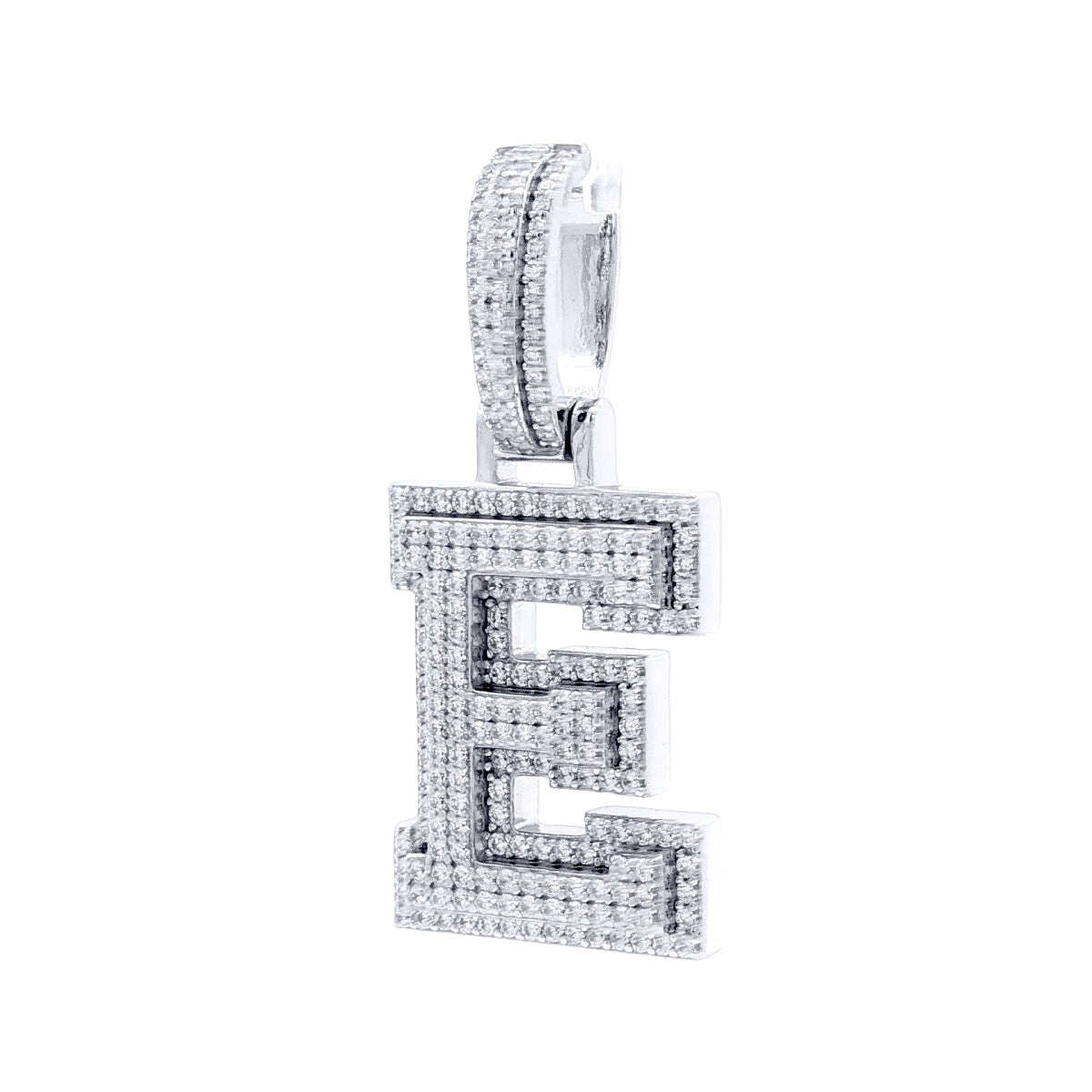 Silver  CZ Pave Iced Out Block Initial Charm Pendant - Letter E - AIN004-E
