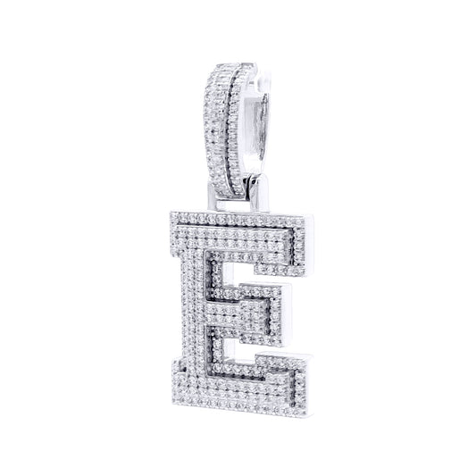 Silver  CZ Pave Iced Out Block Initial Charm Pendant - Letter E - AIN004-E
