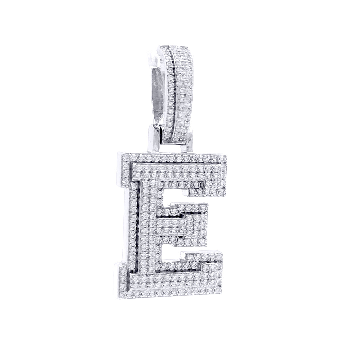 Silver  CZ Pave Iced Out Block Initial Charm Pendant - Letter E - AIN004-E