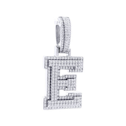 Silver  CZ Pave Iced Out Block Initial Charm Pendant - Letter E - AIN004-E